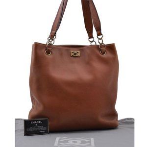 Auth CHANEL Calf Leather Demi Chain Satchels Shoulder Tote Handbag Card +Dustbag